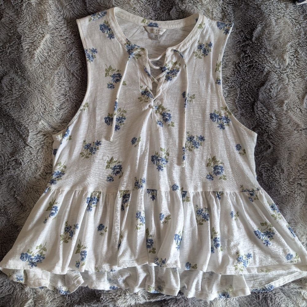 Floral Sleeveless Top - Blue and White